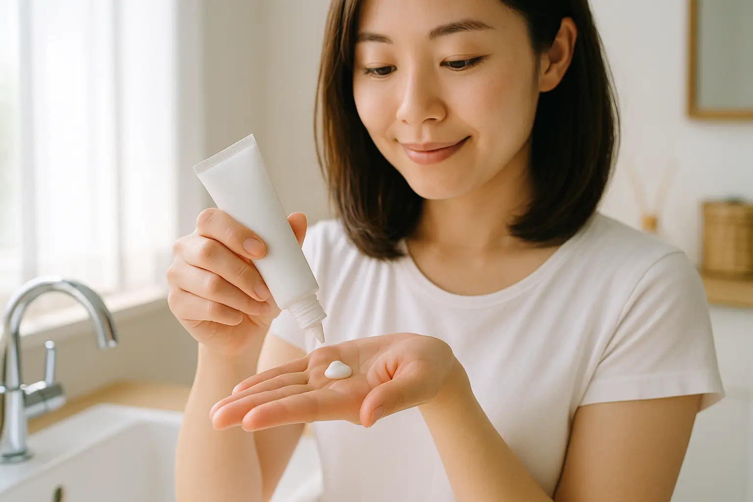 日焼け止めの正しい選び方をイメージさせる、清潔感のある手元