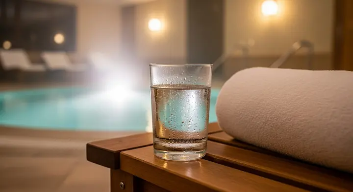 スパのベンチに置かれた、水滴のついた冷たい水のグラスとタオル。温浴前後の適切な水分補給の重要性を示している。