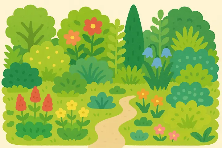 多様な植物が生い茂る美しい庭園のイラスト