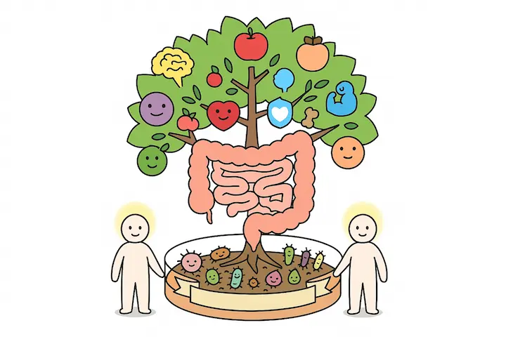 腸の形をした健康の木に果実がなっているイラスト