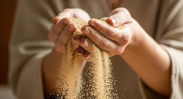 女性の手からサラサラとこぼれ落ちる温かな米ぬか。酵素風呂の自然由来の優しさと心地よい質感を伝えるクローズアップ写真。