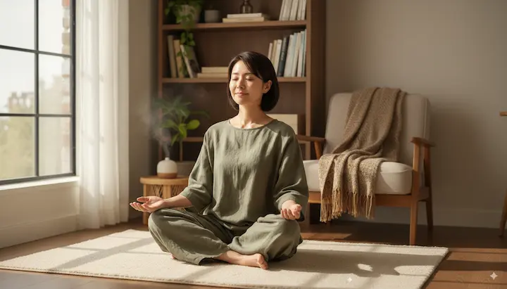 部屋で目を閉じて深呼吸をするリラックスした女性