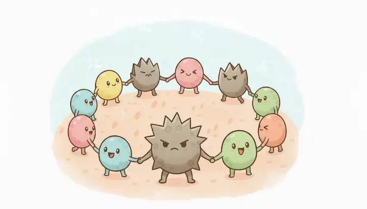 悪玉菌のキャラクターと他の菌が共存しているイラスト