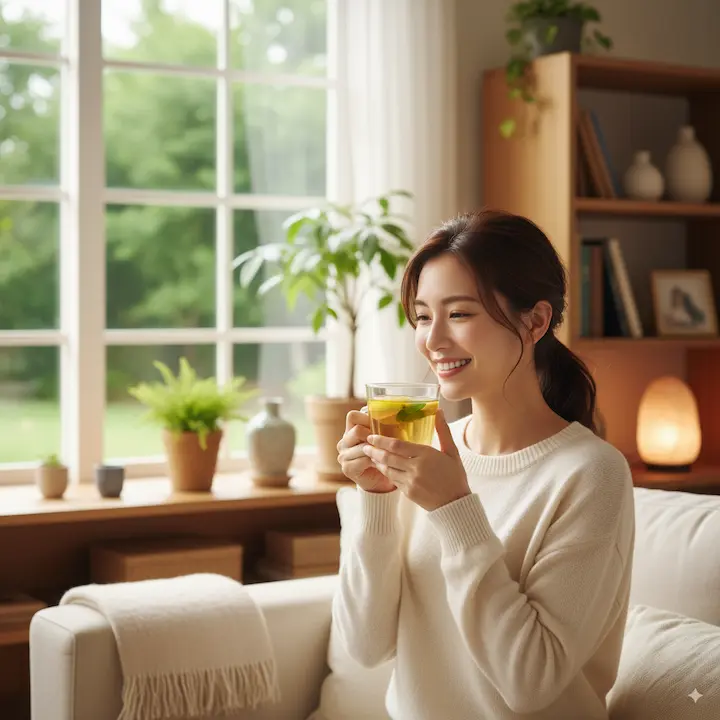 ハーブティーを飲んでリフレッシュする女性