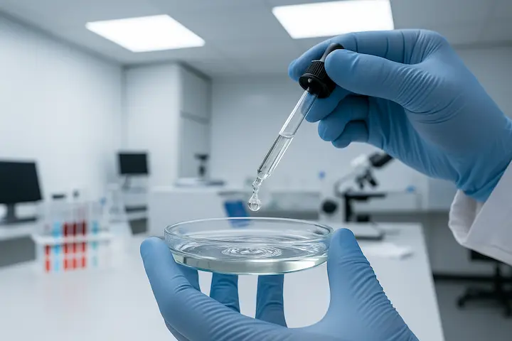 科学者がスポイトで液体を扱っている様子。最先端技術のイメージ。