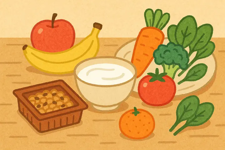 腸活に良い発酵食品や野菜が並んだ食卓