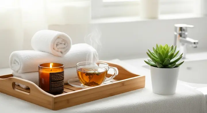 木製のトレーに置かれたアロマキャンドルとハーブティー。これから始まるスパのようなリラックスタイムを象徴する癒しの風景。