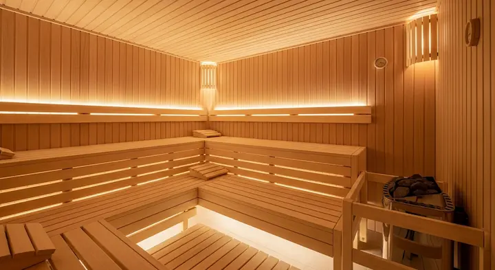 誰もいない静かなサウナ室。木製の壁に設置された温度計が高温を示しており、サウナがもたらす健康効果とリスクを解説するセクションの導入画像。