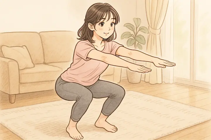 自宅でスクワットをしてマイオカインを分泌させる女性