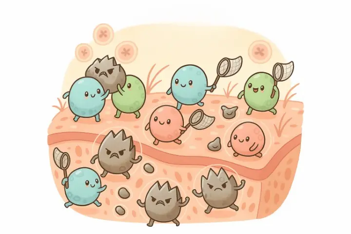 可愛いキャラクター化された皮膚常在菌が重金属を掃除するイメージ