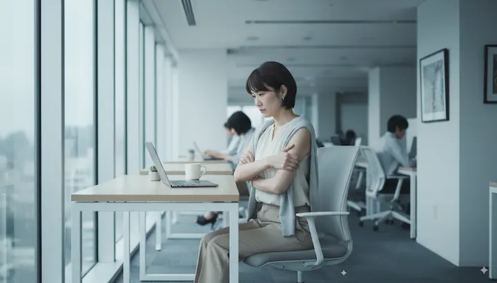 冷房が効いたオフィスで夏の冷えを感じている女性