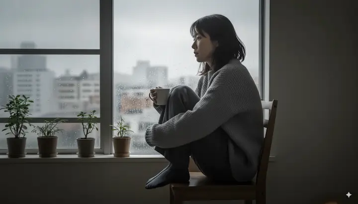 窓の外をぼんやりと眺める、疲れを感じている女性