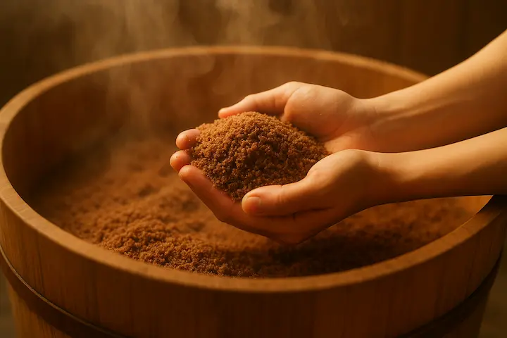 電気やガスを使わず、微生物の発酵熱だけで温まる自然の仕組みです。