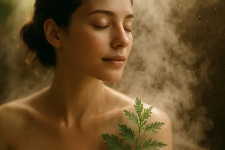 よもぎの蒸気が肌に浸透していくイメージ