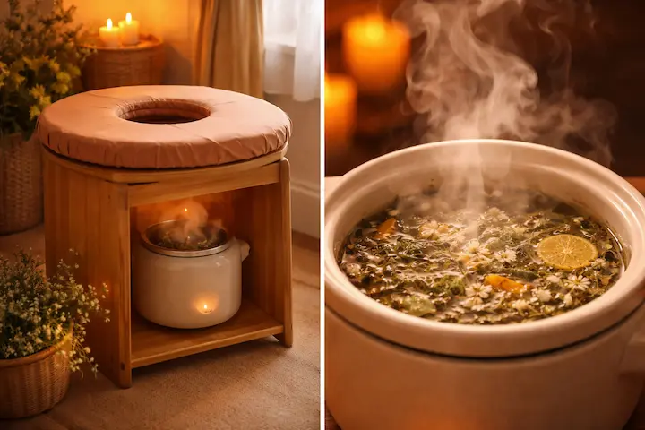 煮立たせたよもぎの蒸気が、全身を優しく包み込みます