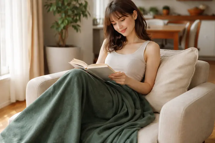 上半身は自由。本を読んだりお茶を飲んだりしながら温まれます