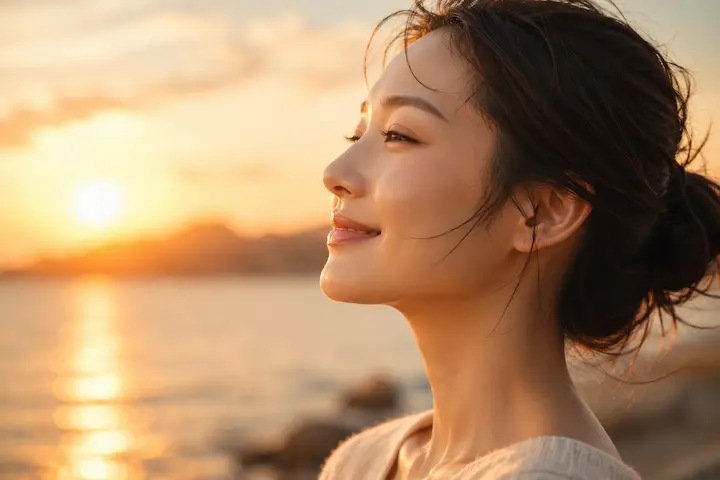 夕暮れの柔らかな光の中で、穏やかに微笑む人物、内側から発光するような美しい肌、落ち着いたベージュ系の色調、幸福感