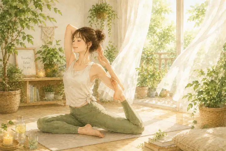 深い呼吸とともに体を伸ばすことで、自律神経をリラックスした状態に導きます