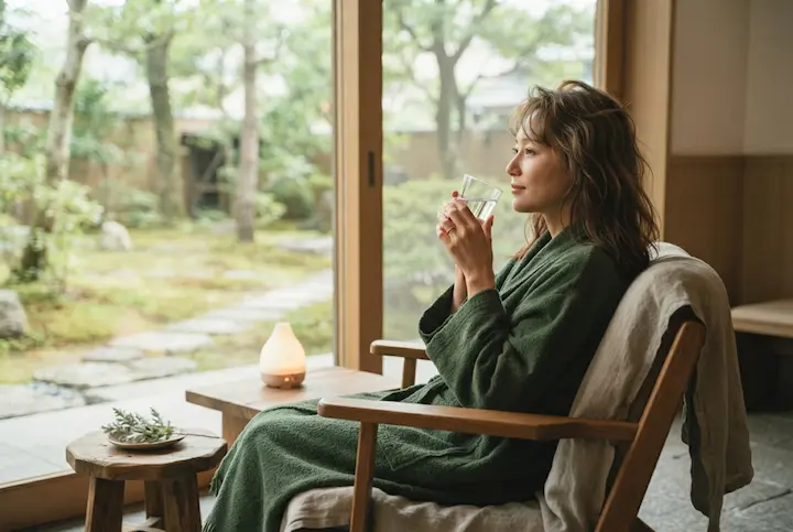 よもぎ蒸しが終わった後に白湯を飲んでリラックスする女性