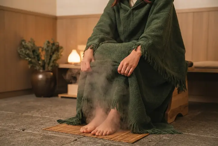よもぎ蒸し用マントの首元を整えて蒸気を閉じ込める様子