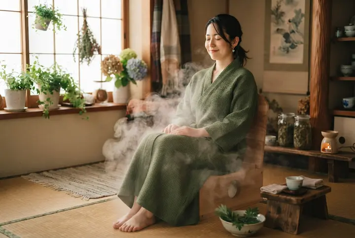 温かい蒸気で心身を優しく包み込み、心地よいリラックスタイムを過ごす様子